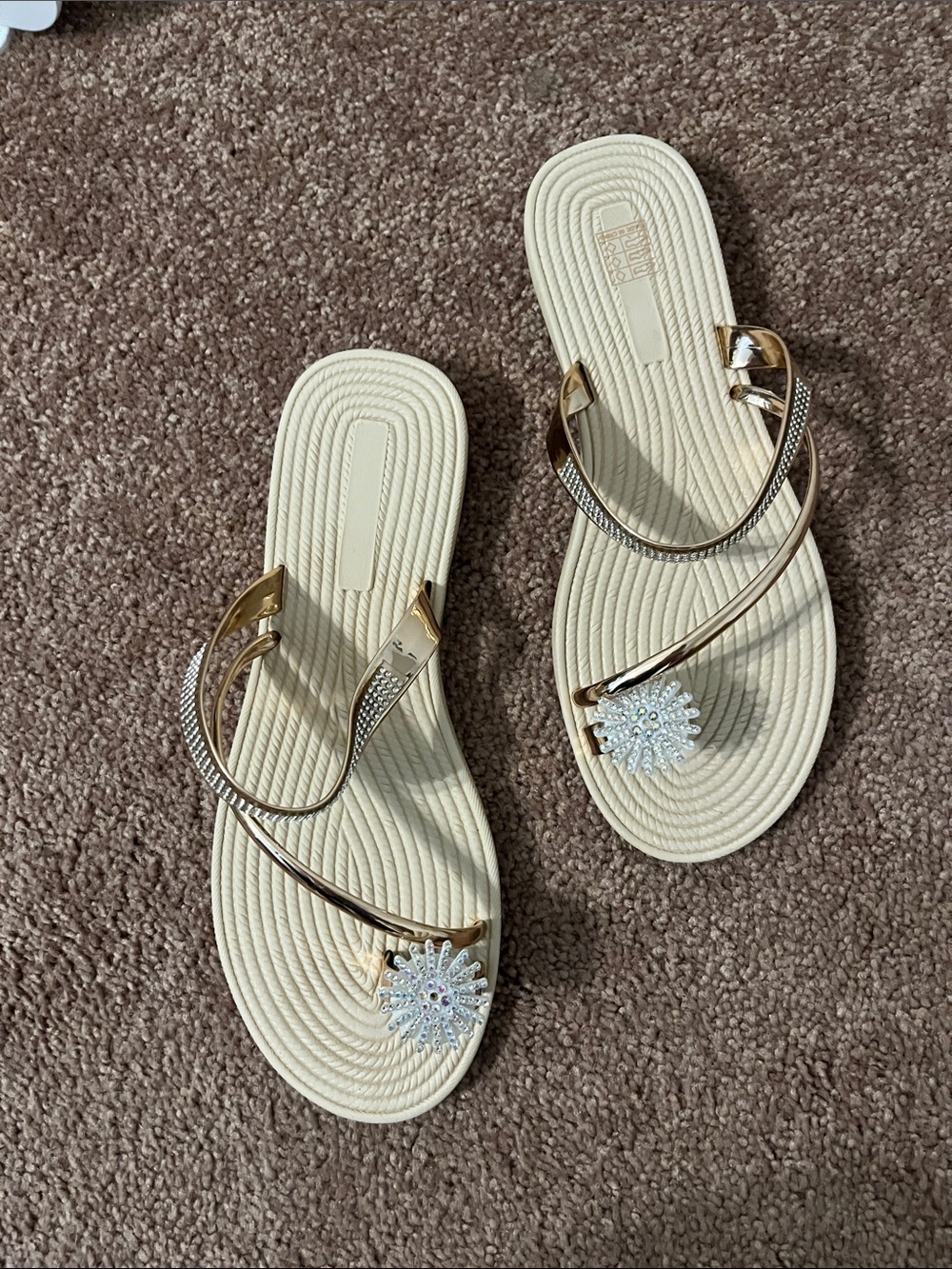 Women’s Cream Sandal with Gold Straps and Crystal Flower Accent